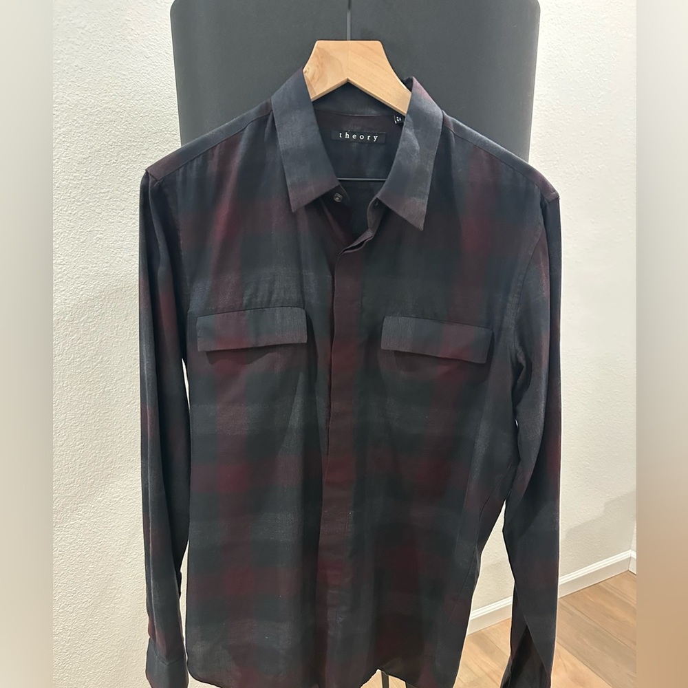 Theory Men's Dark Plaid Button Down Shirt